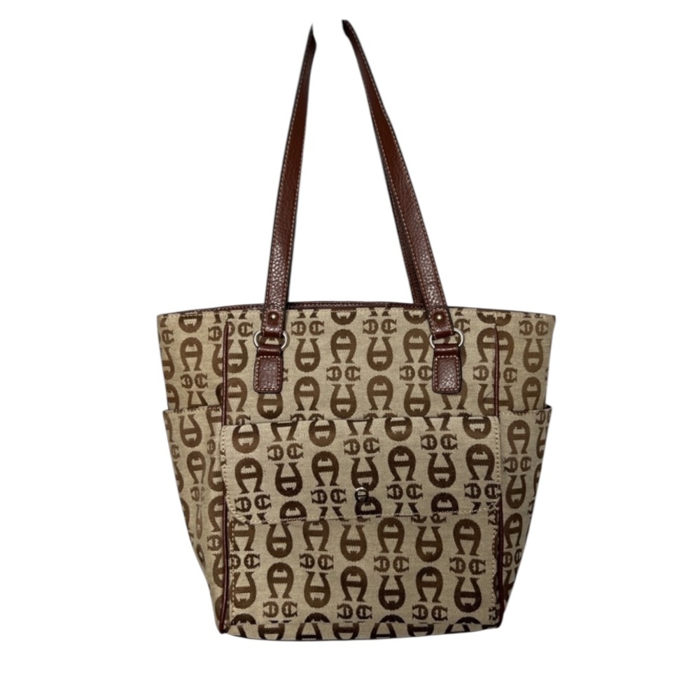 Etienne Aigner Beige and Brown Logo Jacquard Tote with Brown Leather Straps